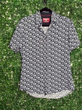 Report Collection Navy and White Short Sleeve Palm Print Button-Down Shirt